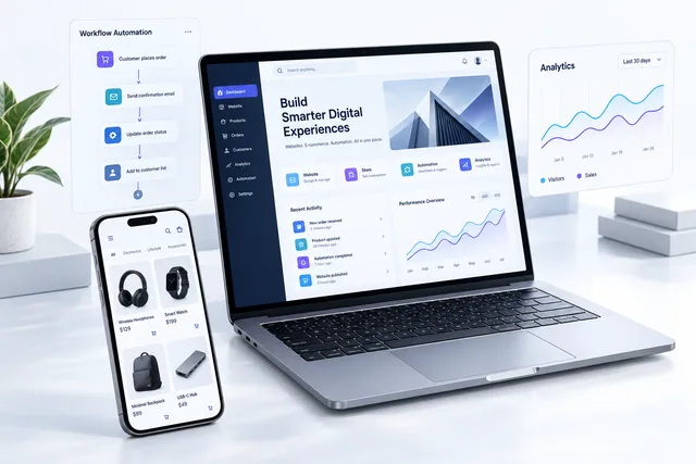 Laptop website and analytics dashboard alongside a mobile storefront and connected automation workflows