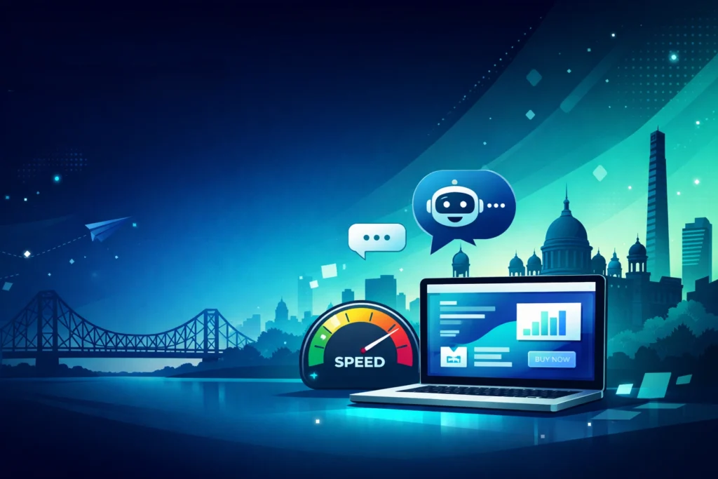 Kolkata skyline with website, mobile app and automation interface